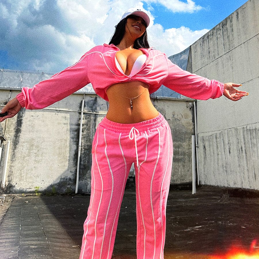 Kliou K23S32327 New Concise Bandage Two Pieces Pants Sets Casual Full Sleeve 2 Piece Set Women Striped Patchwork Women's Set