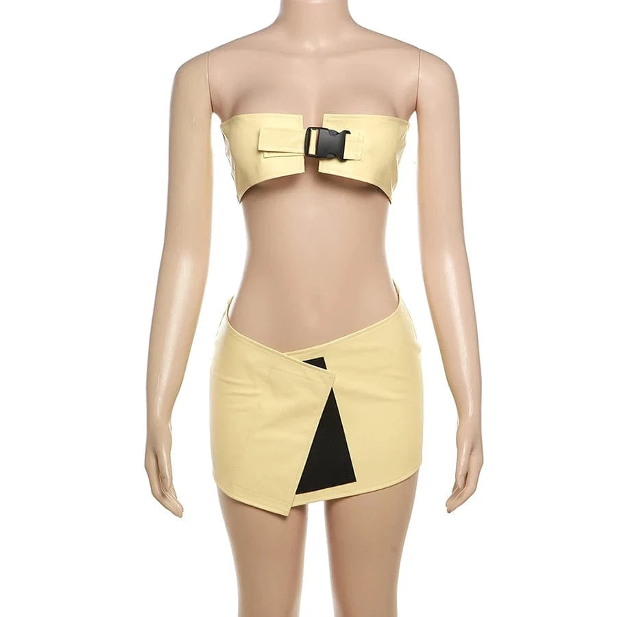 Kliou K23S40315 Buckle Wrapped Chest Sleeveless Crop Tops+High Waist Skirt 2 Piece Set Ladies Solid Leather Women's Set