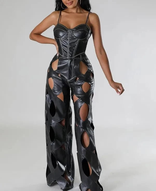 Knit PU Hollow Out Pants 2024 New Fashion Womens Pu Leather  High Waist Straight Pant Solid Loose Casual Streetwear Trousers