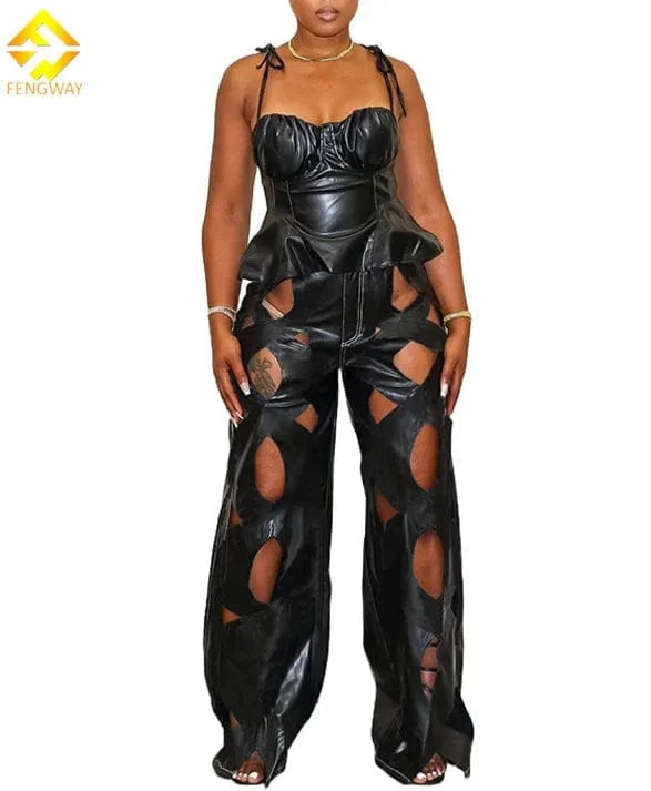 Knit PU Hollow Out Pants 2024 New Fashion Womens Pu Leather  High Waist Straight Pant Solid Loose Casual Streetwear Trousers