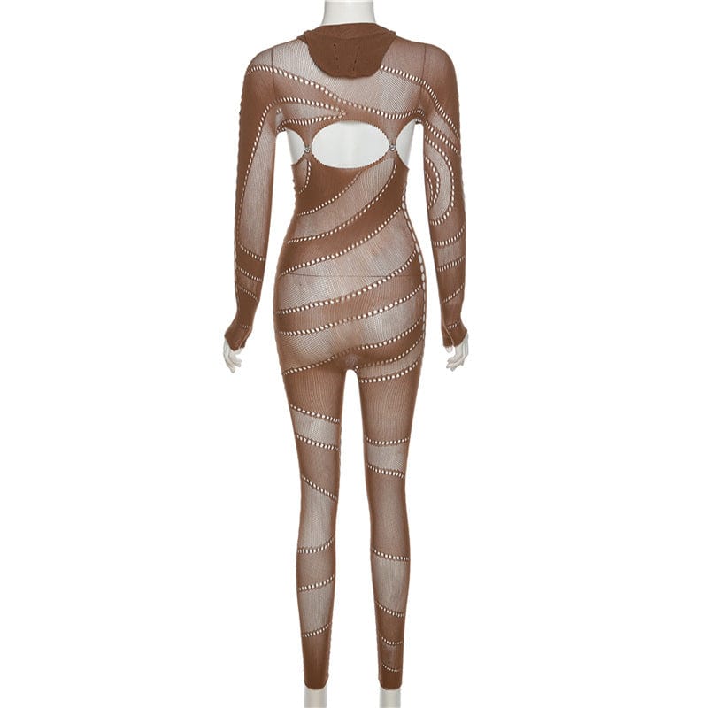Knitted Jumpsuit 2022 Fall &Winter Women Clothing Sexy Hollow out  One Piece Jumpsuit with Hooded Playsuit