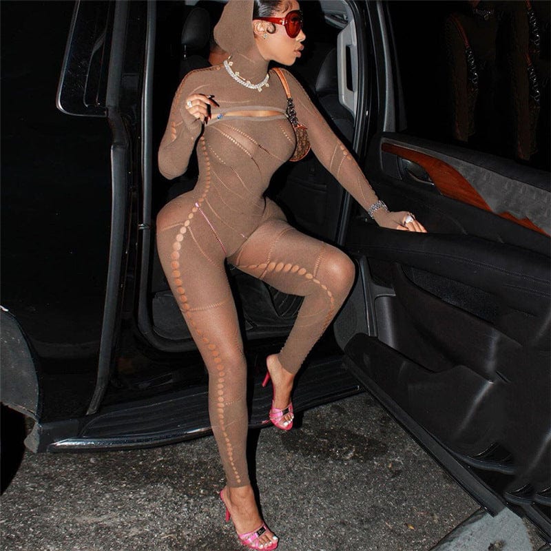 Knitted Jumpsuit 2022 Fall &Winter Women Clothing Sexy Hollow out  One Piece Jumpsuit with Hooded Playsuit