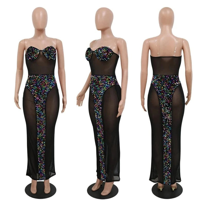 knitted party large black mesh sheer see through sexy shiny sequin woman princess strapless sleeveless bodycon dress for women
