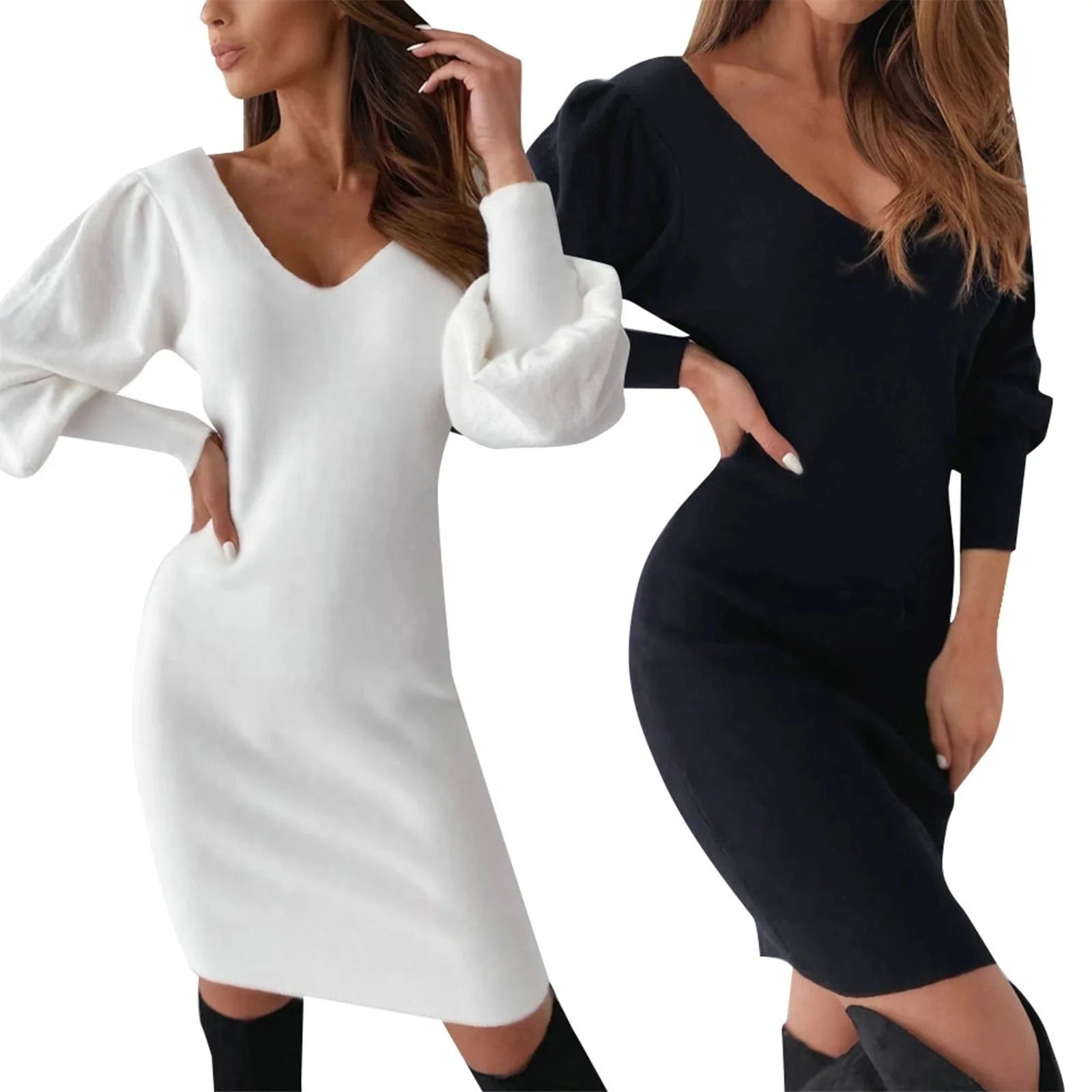 Knitted Short Mini Dress Women Spring Lace Backless Lantern Sleeve Casual Dress