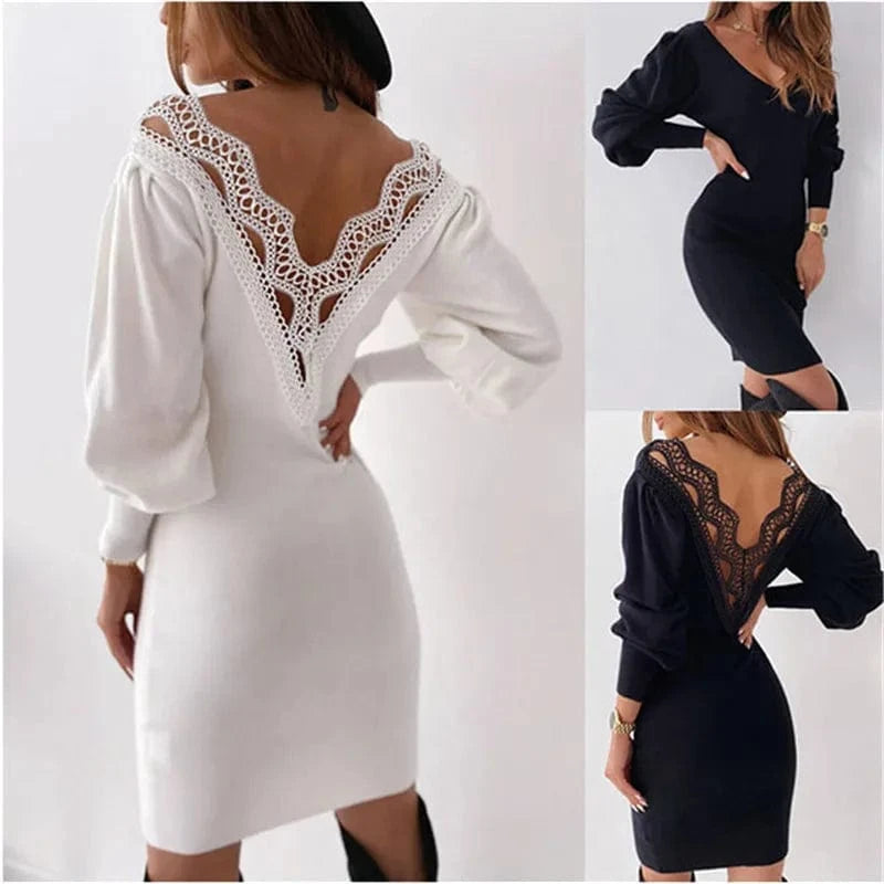 Knitted Short Mini Dress Women Spring Lace Backless Lantern Sleeve Casual Dress