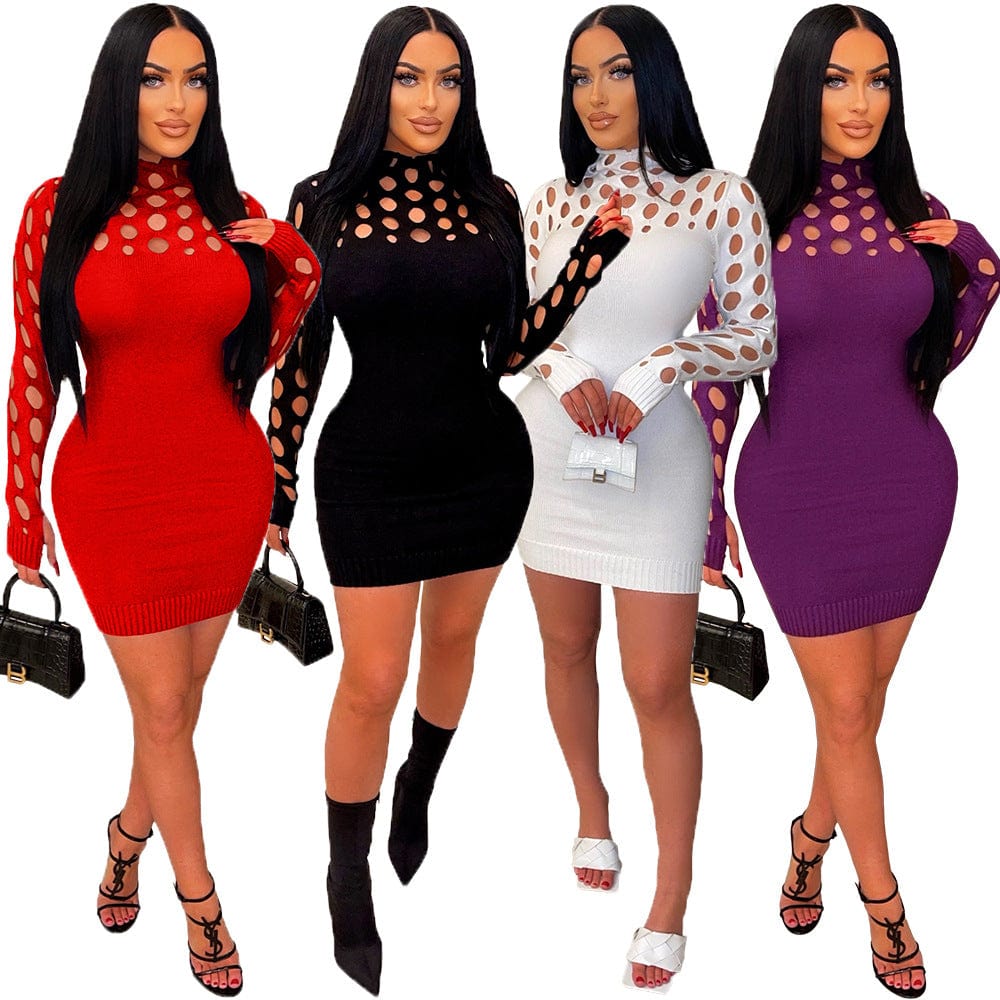 Knitted Women Dress Slim Fit Bodycon Fall &Winter Ladies Solid Hollow out Bodycon Dress for Women Clothing