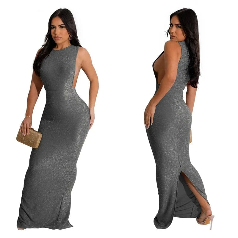 korean elegant luxury women golden sleeveless long gown evening wear dress 2024 elegant women silver evening party clothes