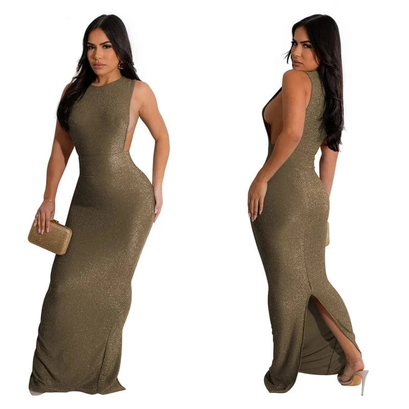 korean elegant luxury women golden sleeveless long gown evening wear dress 2024 elegant women silver evening party clothes