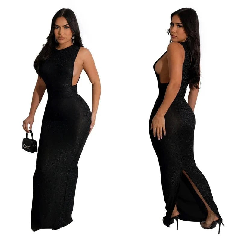 korean elegant luxury women golden sleeveless long gown evening wear dress 2024 elegant women silver evening party clothes