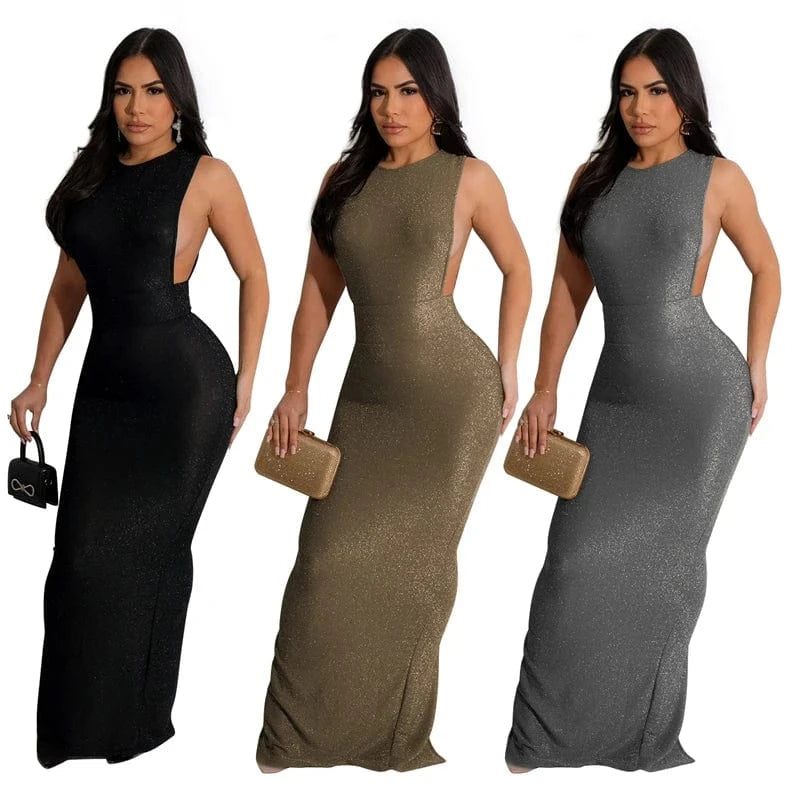korean elegant luxury women golden sleeveless long gown evening wear dress 2024 elegant women silver evening party clothes
