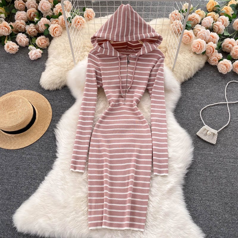 Korean version college style casual Hoodie zipper slim fit short retro stripe long sleeve knitted dress autumn women