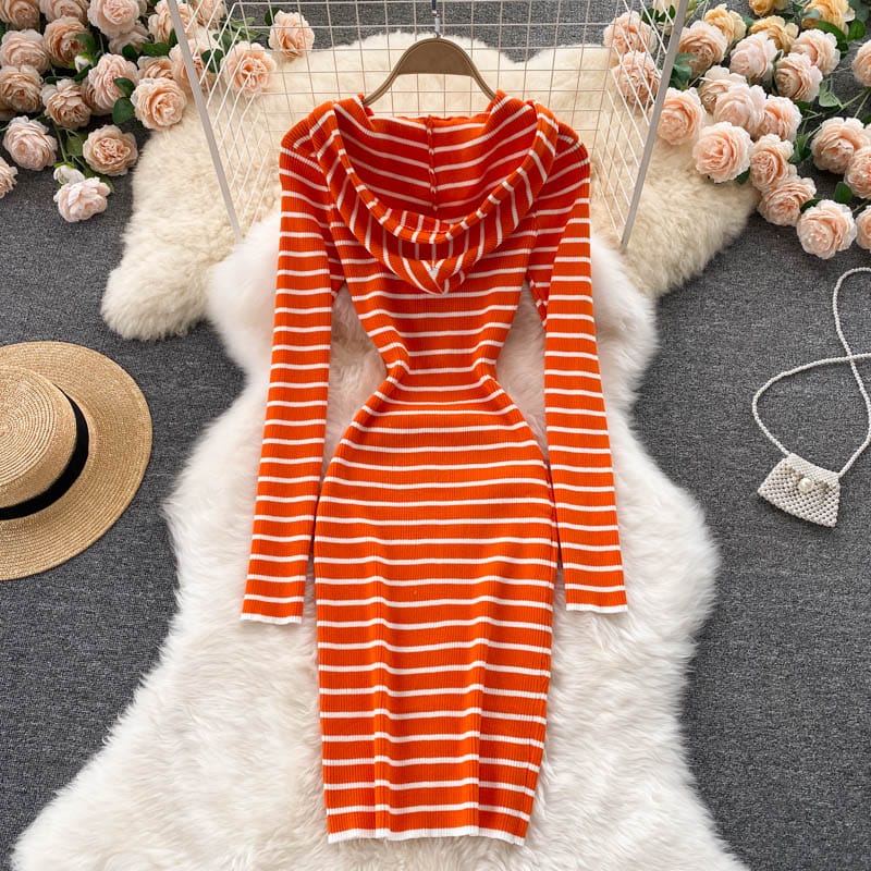 Korean version college style casual Hoodie zipper slim fit short retro stripe long sleeve knitted dress autumn women