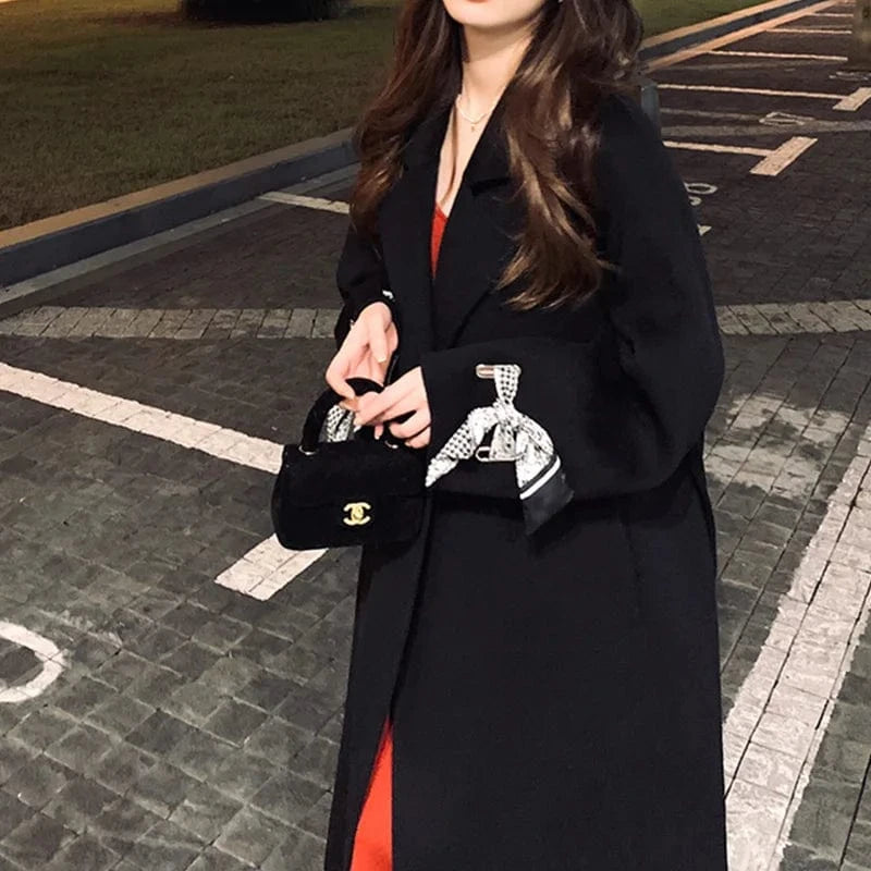 Korean Woolen Outwear Double Sided Women Long Cashmere Wool Trench Coat with Cuffs Silk Scarf