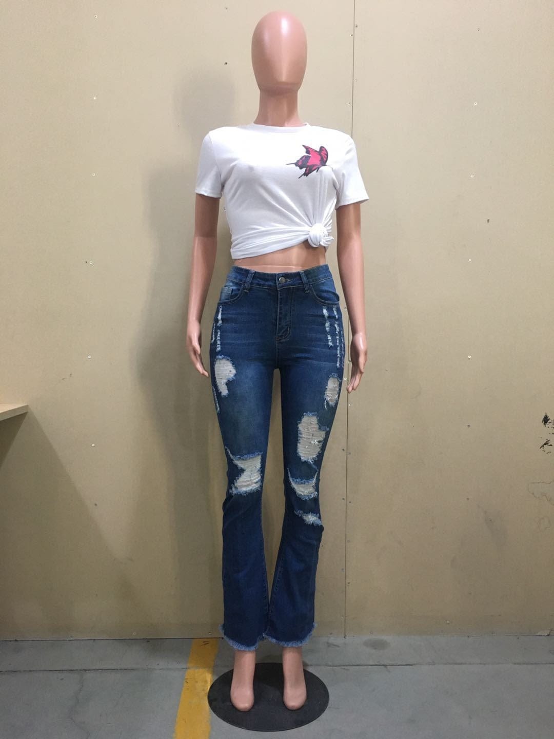 KX-D8386 Street fashion autumn dark blue mid waist flare trousers for ladies jeans washed zipper fly ripped jeans women