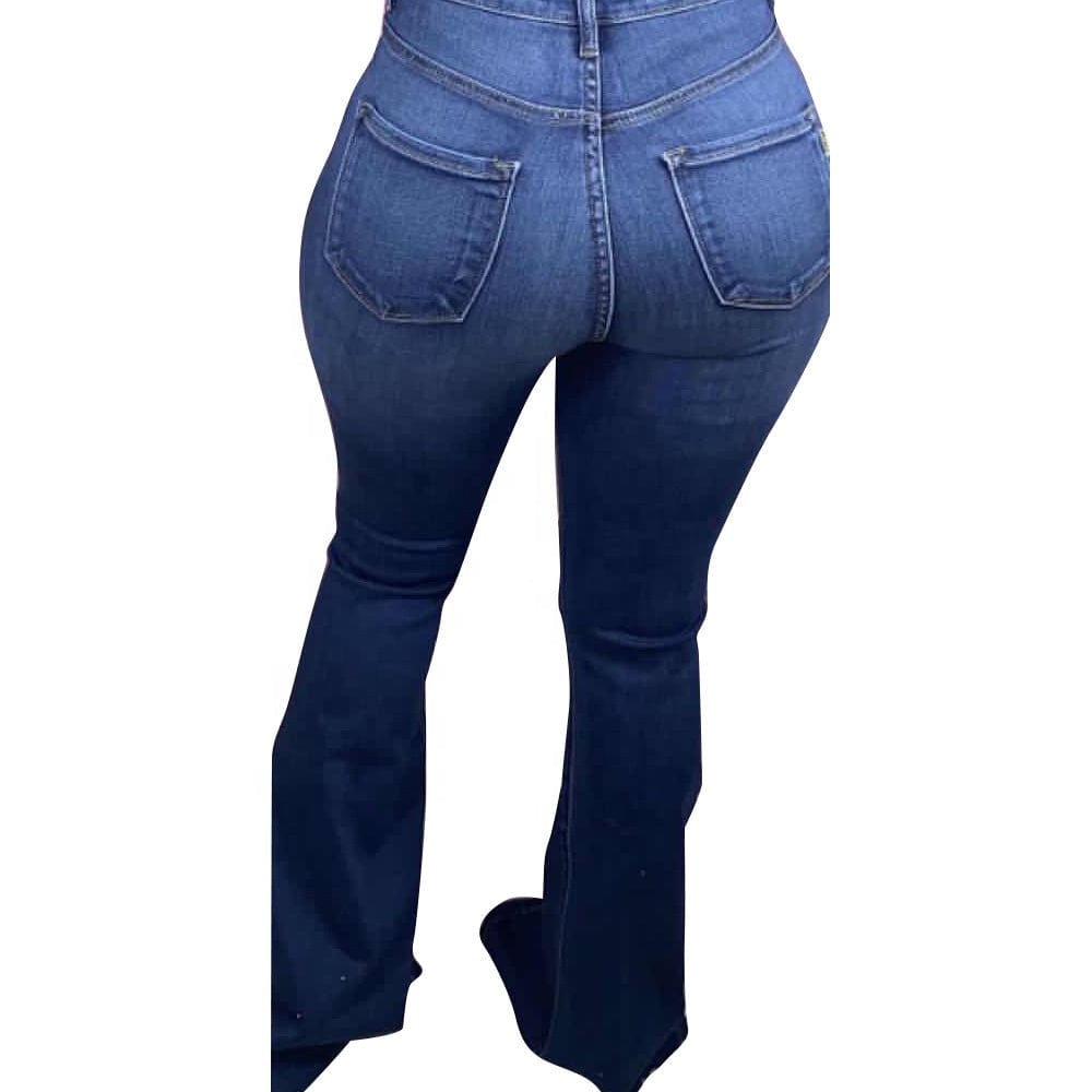 KX-D8386 Street fashion autumn dark blue mid waist flare trousers for ladies jeans washed zipper fly ripped jeans women
