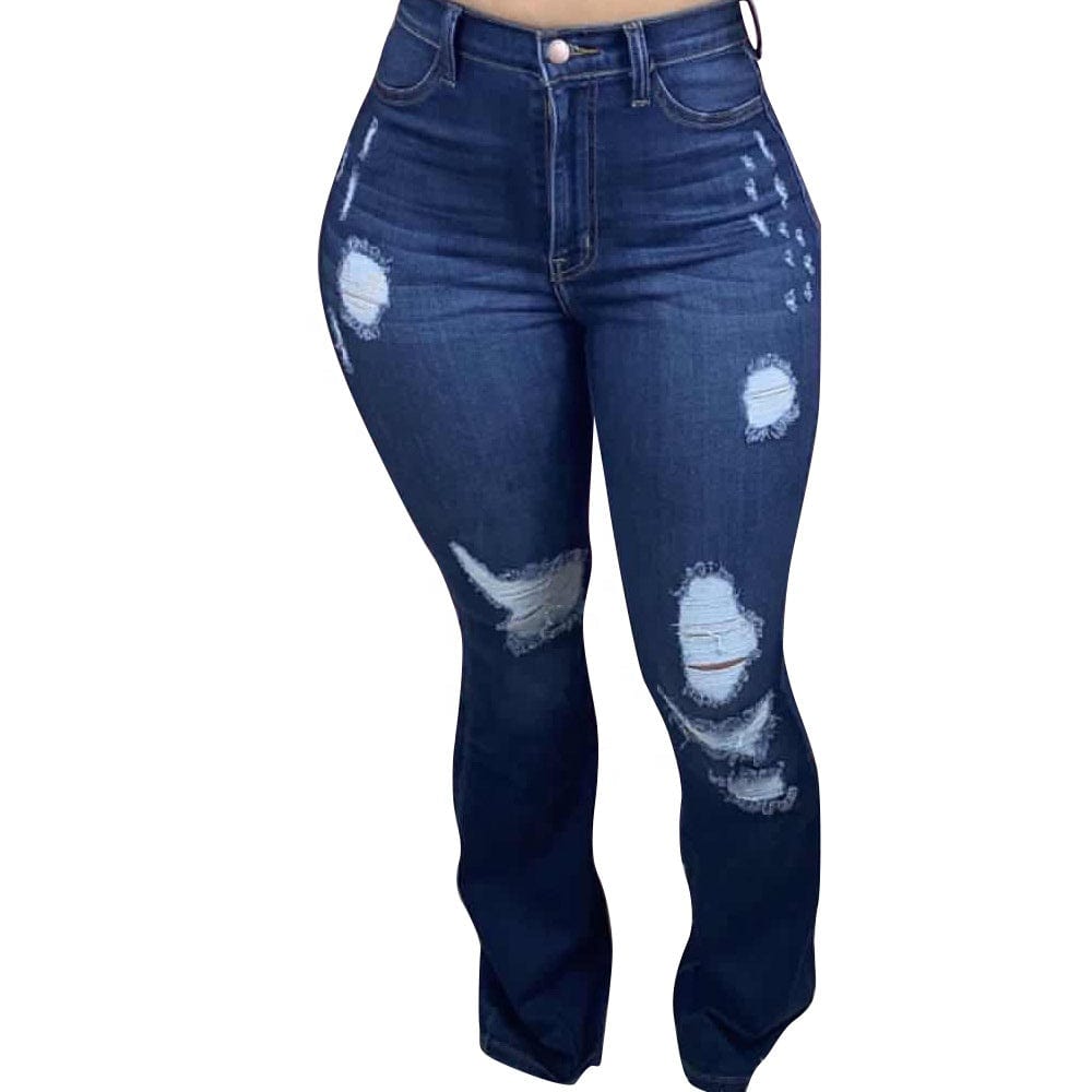 KX-D8386 Street fashion autumn dark blue mid waist flare trousers for ladies jeans washed zipper fly ripped jeans women