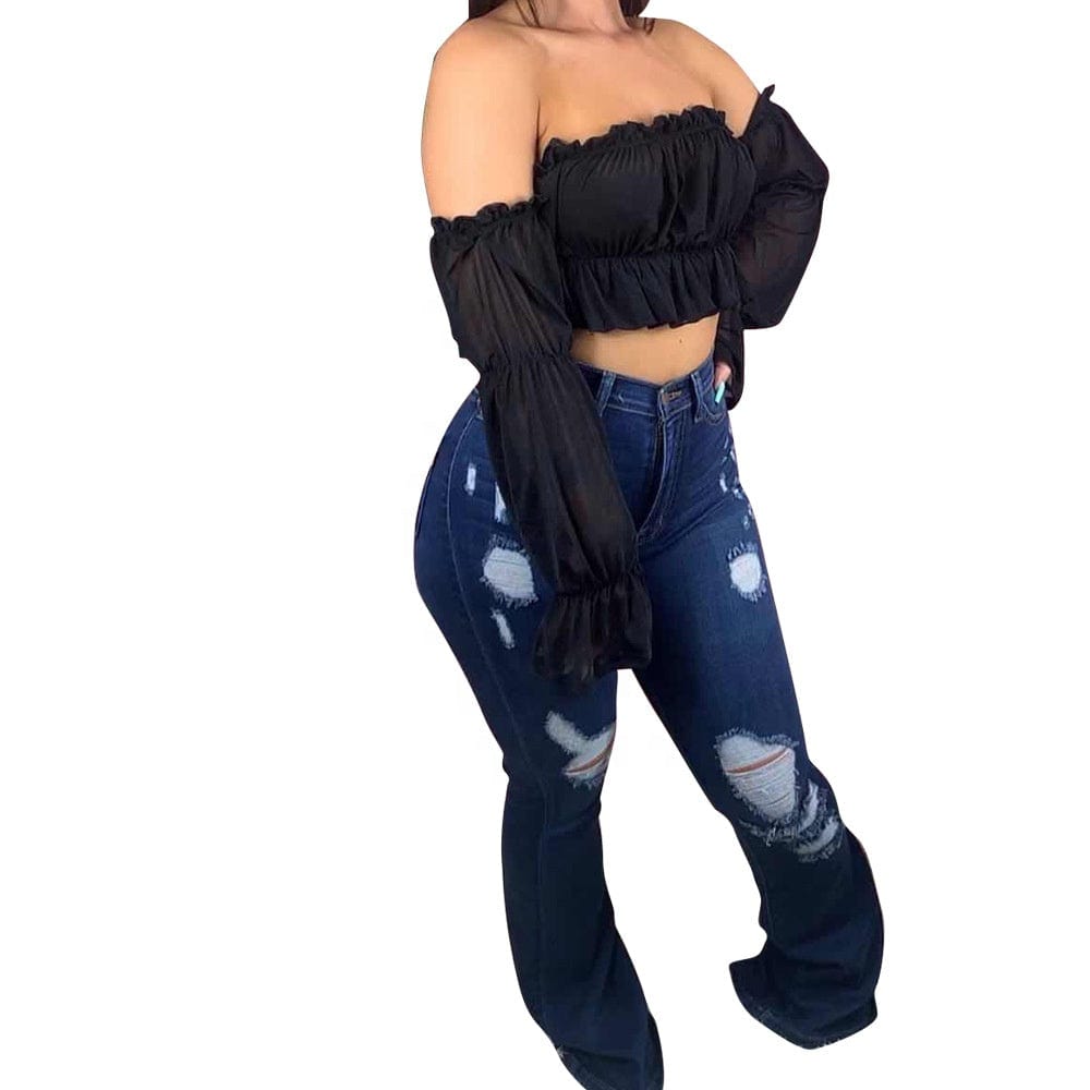 KX-D8386 Street fashion autumn dark blue mid waist flare trousers for ladies jeans washed zipper fly ripped jeans women