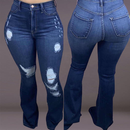 KX-D8386 Street fashion autumn dark blue mid waist flare trousers for ladies jeans washed zipper fly ripped jeans women