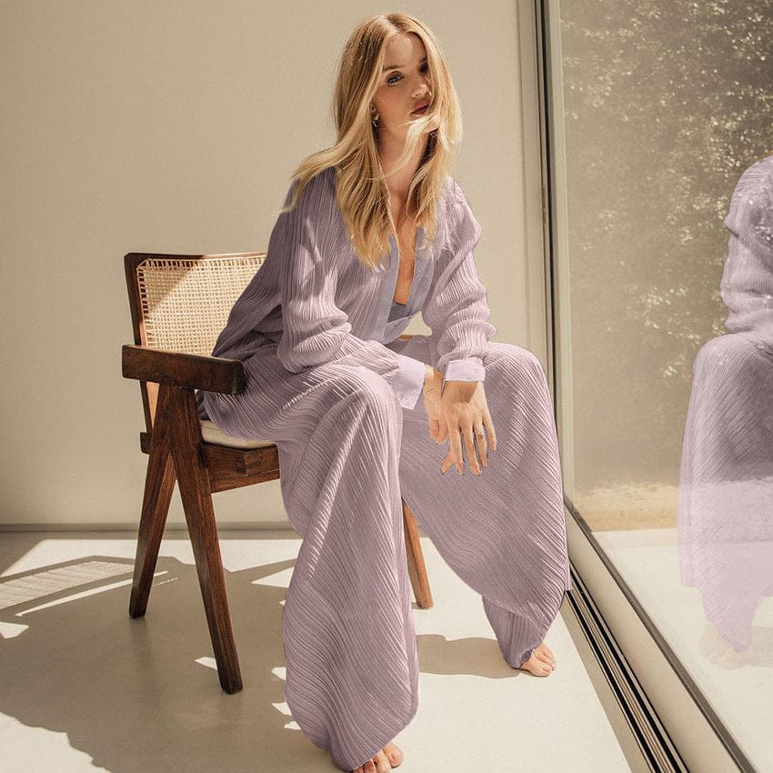 L / #03 Women 2Pcs Casual Outfits Set Button Down Long Sleeve Shirt Pleated Pants Sets Streetwear Loungewear Matching Sets