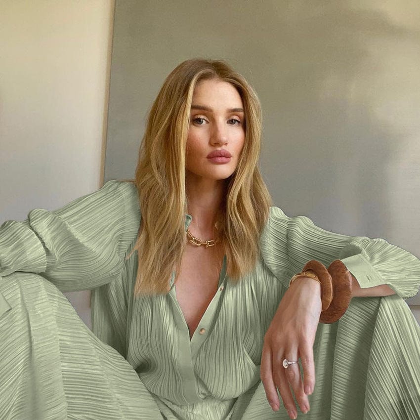 L / #04 Women 2Pcs Casual Outfits Set Button Down Long Sleeve Shirt Pleated Pants Sets Streetwear Loungewear Matching Sets