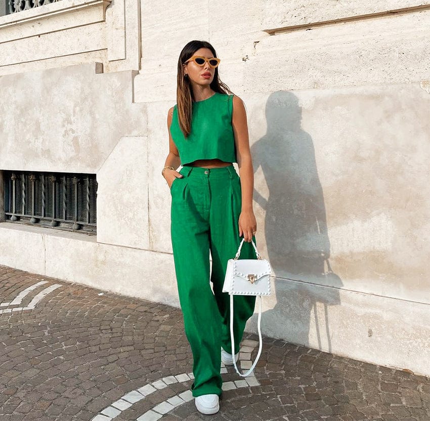 L / #05 Casual Solid Womens 2 Piece Set Outfits Loungewear Streetwear Crop Tank Top Wide Leg High Waist Pants Formal
