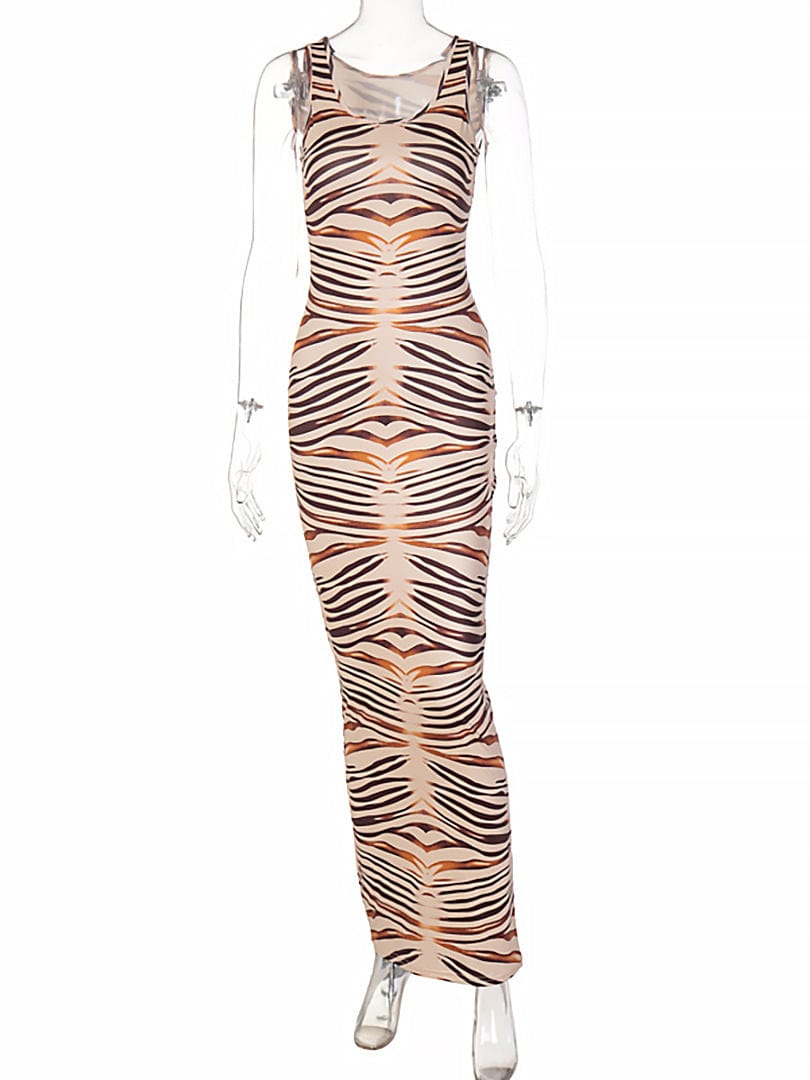 L / #05 Dropshipping 2022 New design ladies casual dresses women summer neck sleeveless bodycon printed long dress