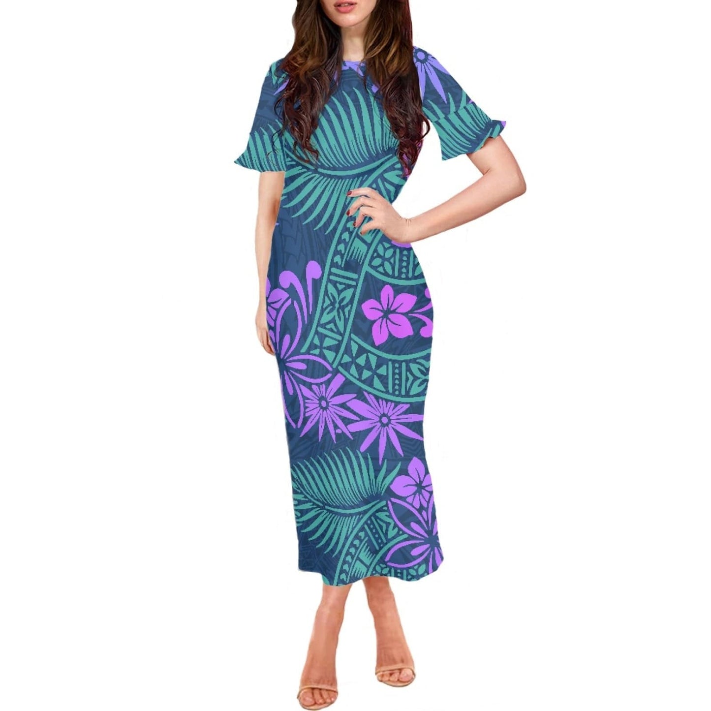 L / 0541CD90-1 top quality tie dye art design samoa style tradition women long dress sexy slim wrap hip dress samoan dresses