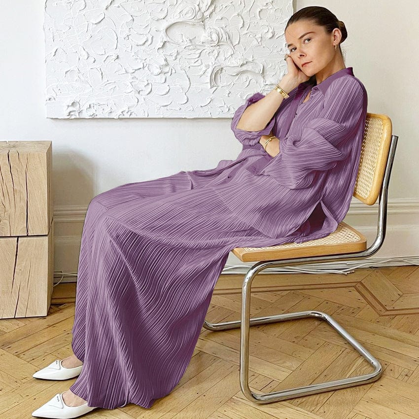 L / #07 Women 2Pcs Casual Outfits Set Button Down Long Sleeve Shirt Pleated Pants Sets Streetwear Loungewear Matching Sets