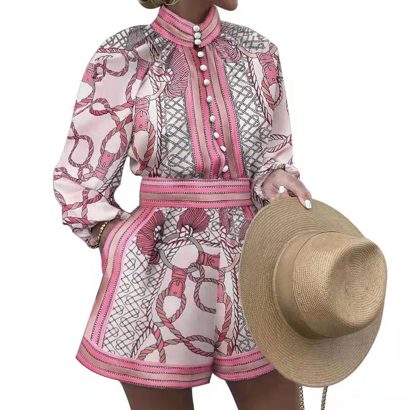 L / 1 set women Customized European and American autumn and winter women's printed long-sleeved blouse and shorts two-piece