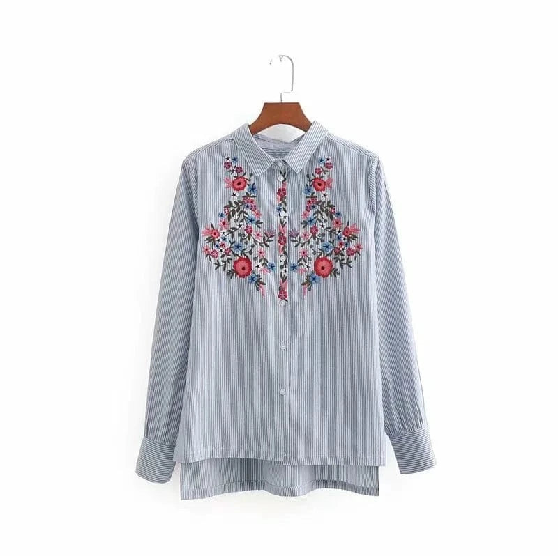 L / 1 Women floral dragonfly embroidery full cotton striped blouse long sleeve long shirt European ladies casual tops blusas E8437