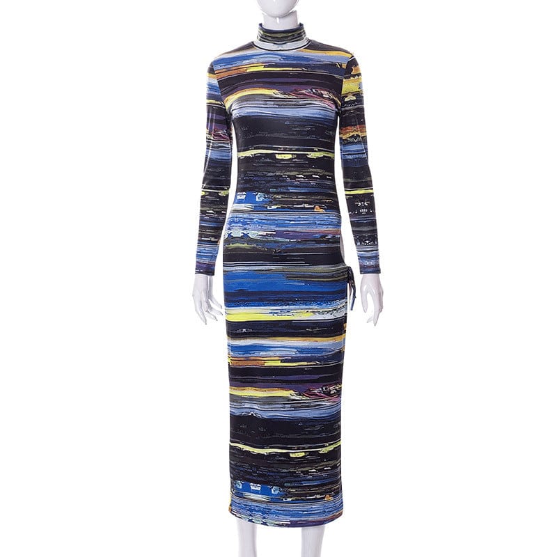 L / 1 YS-Autumn 2022 new casual print cut-out lace-up long sleeve slim dress