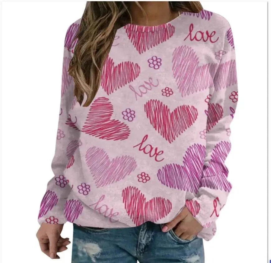 L / 10 High Quality Autumn Fashion Sweater Casual Round Neck 3D Printed Sweater Heart Love Sweet Versatile Women's Coat