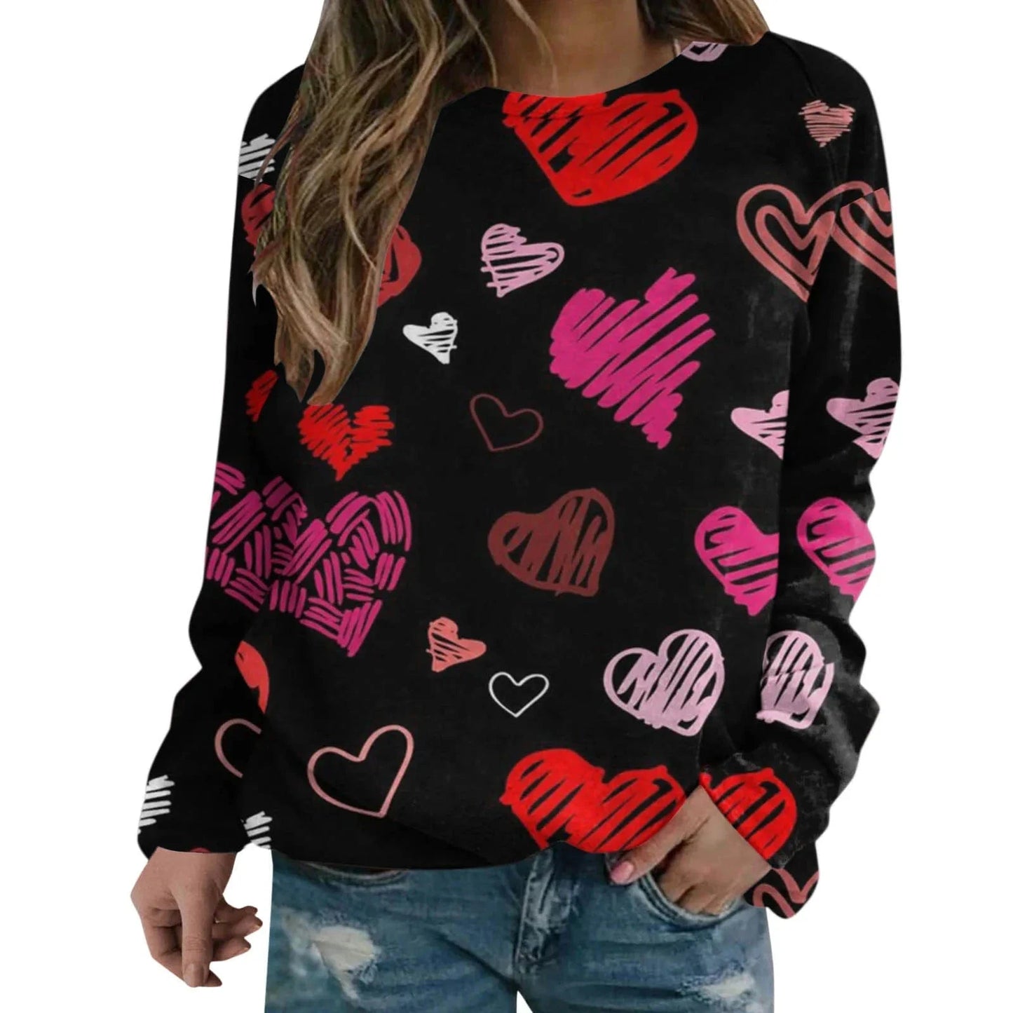 L / 12 High Quality Autumn Fashion Sweater Casual Round Neck 3D Printed Sweater Heart Love Sweet Versatile Women's Coat