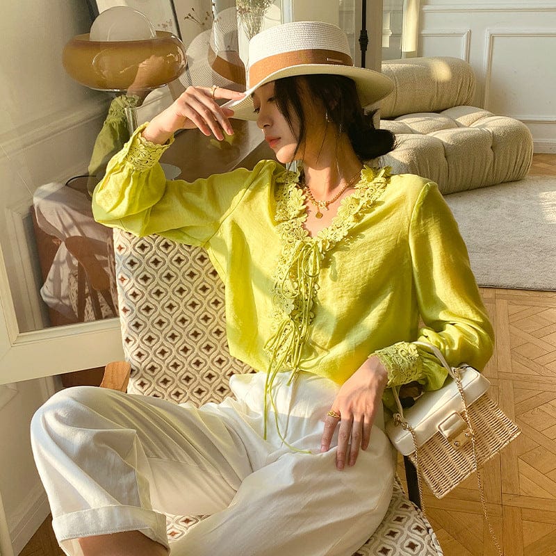 L / 2# Blouses Et Chemises Pour Femmes 2022 Organic Vegan Fabric Women Shirts Tulle Lace Stand Collar Full Sleeve Womens Tops Blouse