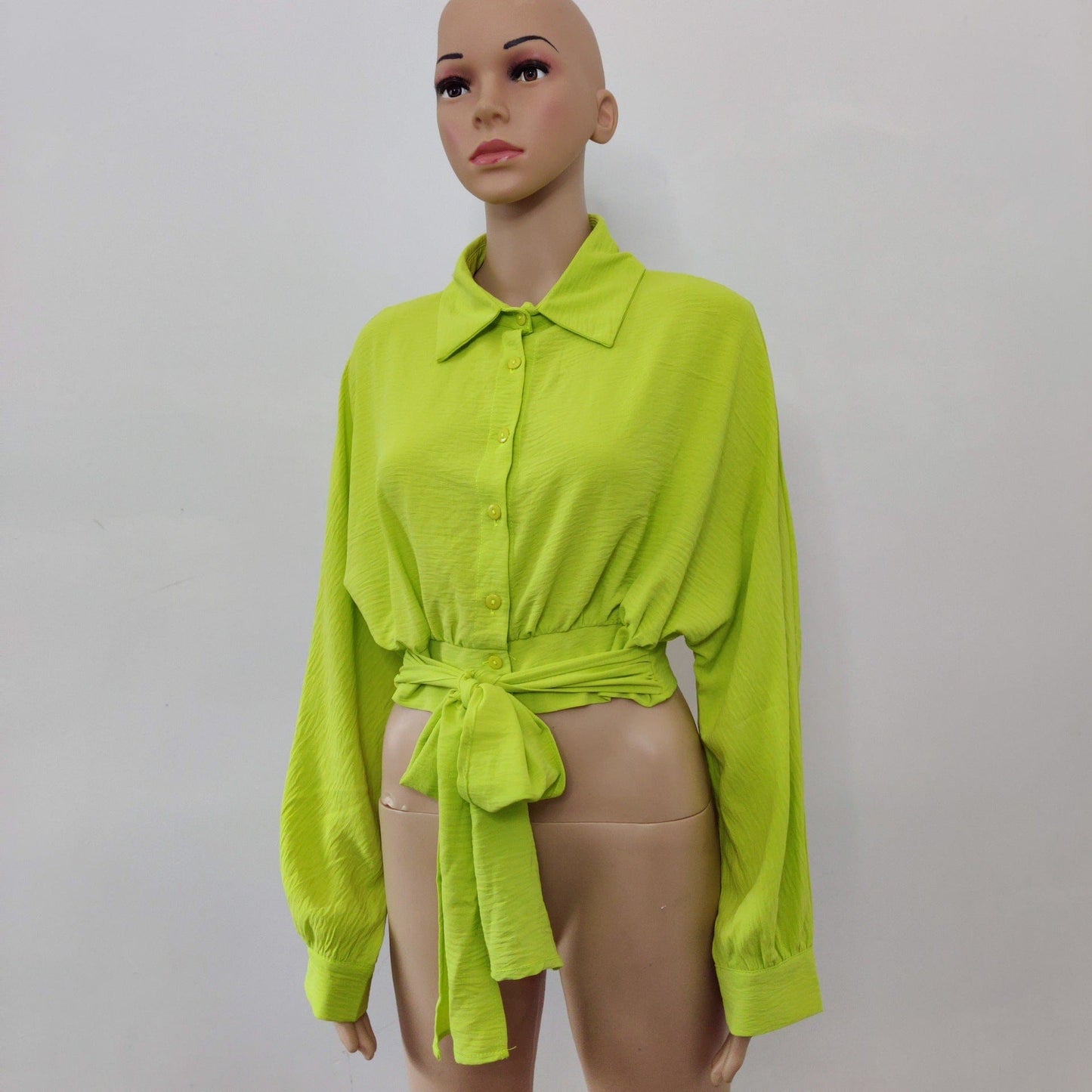 L / 2 Lace-up Women Short Shirt Turn-down Collar Slim Fashion Long Sleeve Single Breasted Ladies Crop Blouse 2023 Spring Solid Shirts