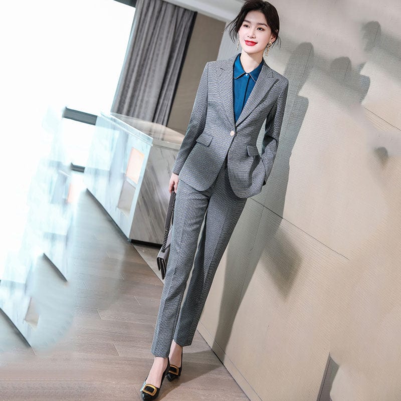 L / 2 Piece Gray Pant Suit High-quality Wholesale Swallow Gird 2 Piece Suit Set for Women Clothes Suit Business Office Lady Work Wear Pant Suits