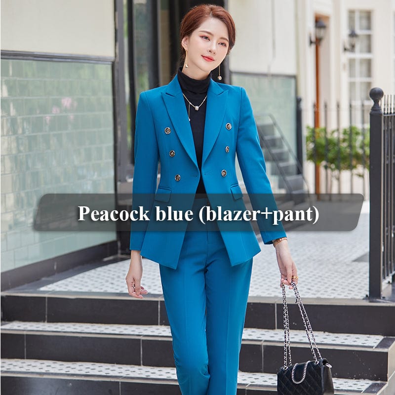 L / 2 piece Peacock blue suits Wholesale Dropship OEM High-Quality New Single Button Women's Trousers Suit Two Piece suit For Women Pant Suits Office Wear