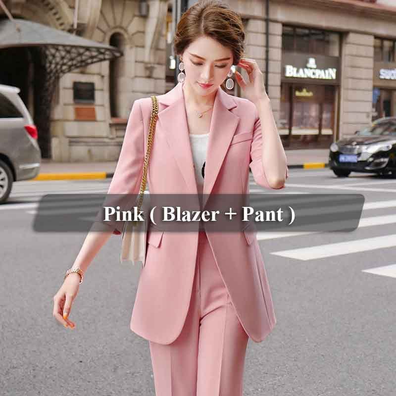 L / 2 Piece Pink Pant Suit Lenshin 2 Piece Set Half Sleeve Solid Pant Suit Summer Wear Candy color Office Lady Designs Women Blazer and Wide Leg Pant Sets