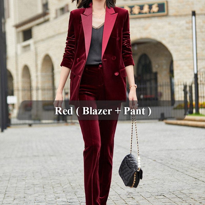 L / 2 Piece Red Pant Suit High-quality Velvet Fabric Business Pant Suit 2 Piece Set for Women Fashion Jacket and Trouser Double Breasted Office Lady Style