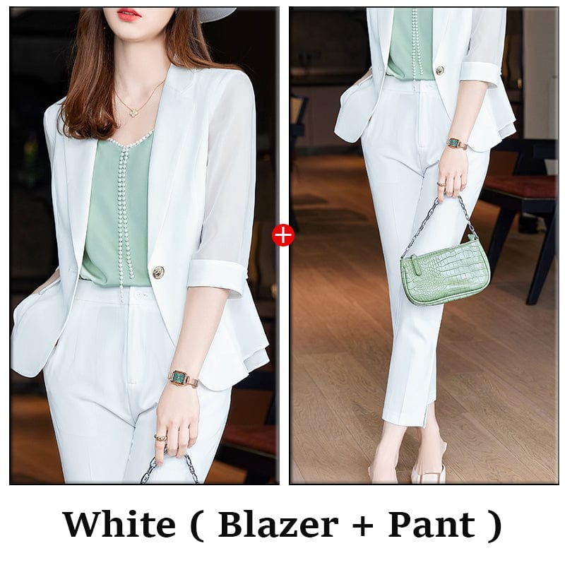 L / 2 Piece White Pant Suit Wholesaler Two Piece Set Summer Women Elegant Pant Suits Half Sleeve Blazer Business Office Lady Work Wear Fashion Outwear