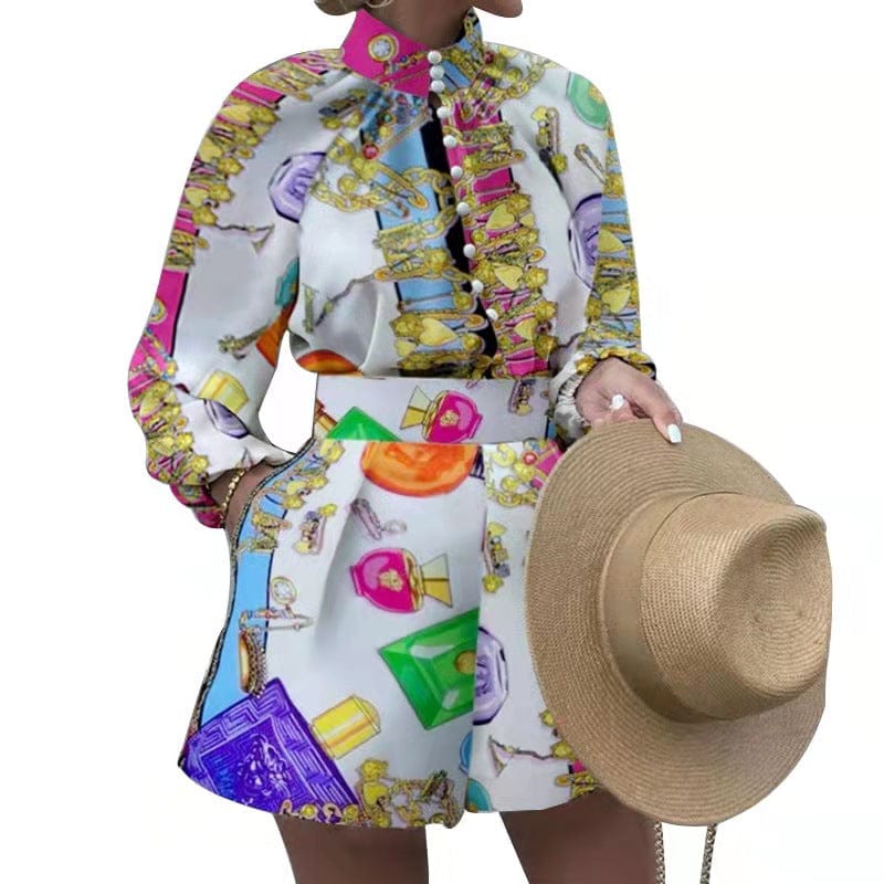 L / 2 set women Customized European and American autumn and winter women's printed long-sleeved blouse and shorts two-piece