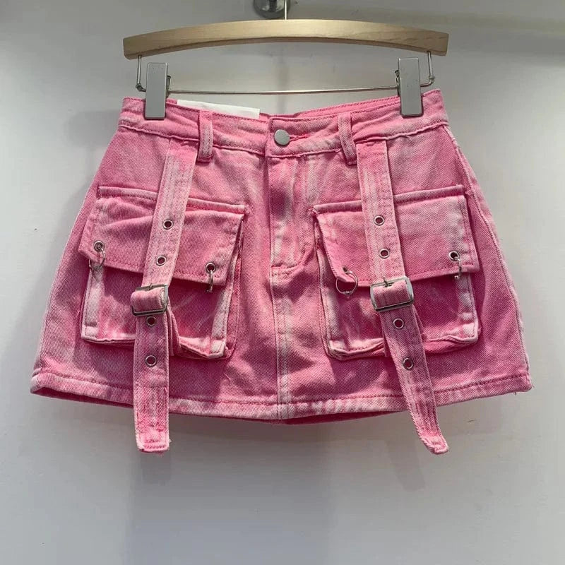 L / 24SK011302 pink CUTENOVA 24SK011302 Fashion 2024 Candy Color Summer Cute Washed  Casual Ladies Denim Cargo Jeans Skirt For Women