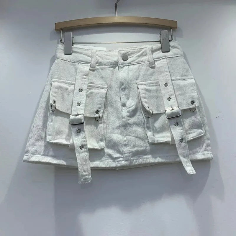 L / 24SK011302 white CUTENOVA 24SK011302 Fashion 2024 Candy Color Summer Cute Washed  Casual Ladies Denim Cargo Jeans Skirt For Women