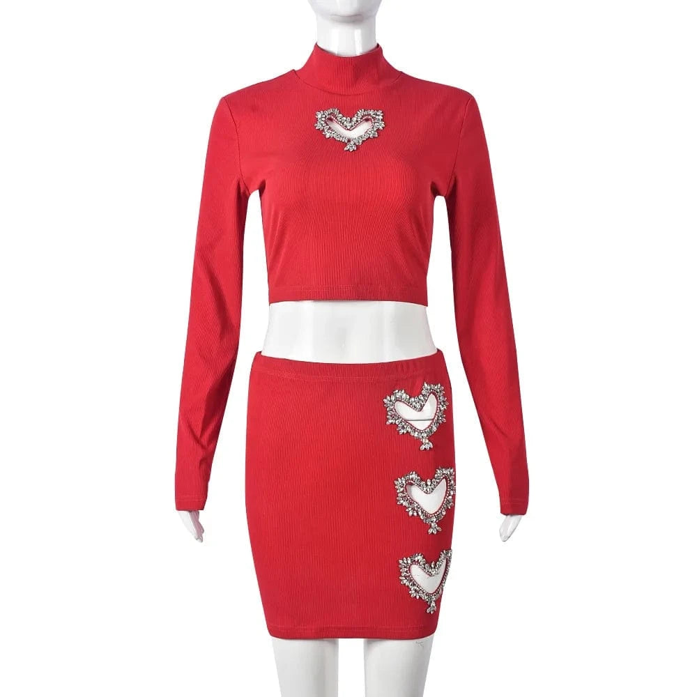 L / 24ST010804 Red CUTENOVA 24ST010804 Hollow-Out Heart Shape Rhinestone Long Sleeve Crop Top Pencil Skirt Two Piece Skirt Set Women 2024