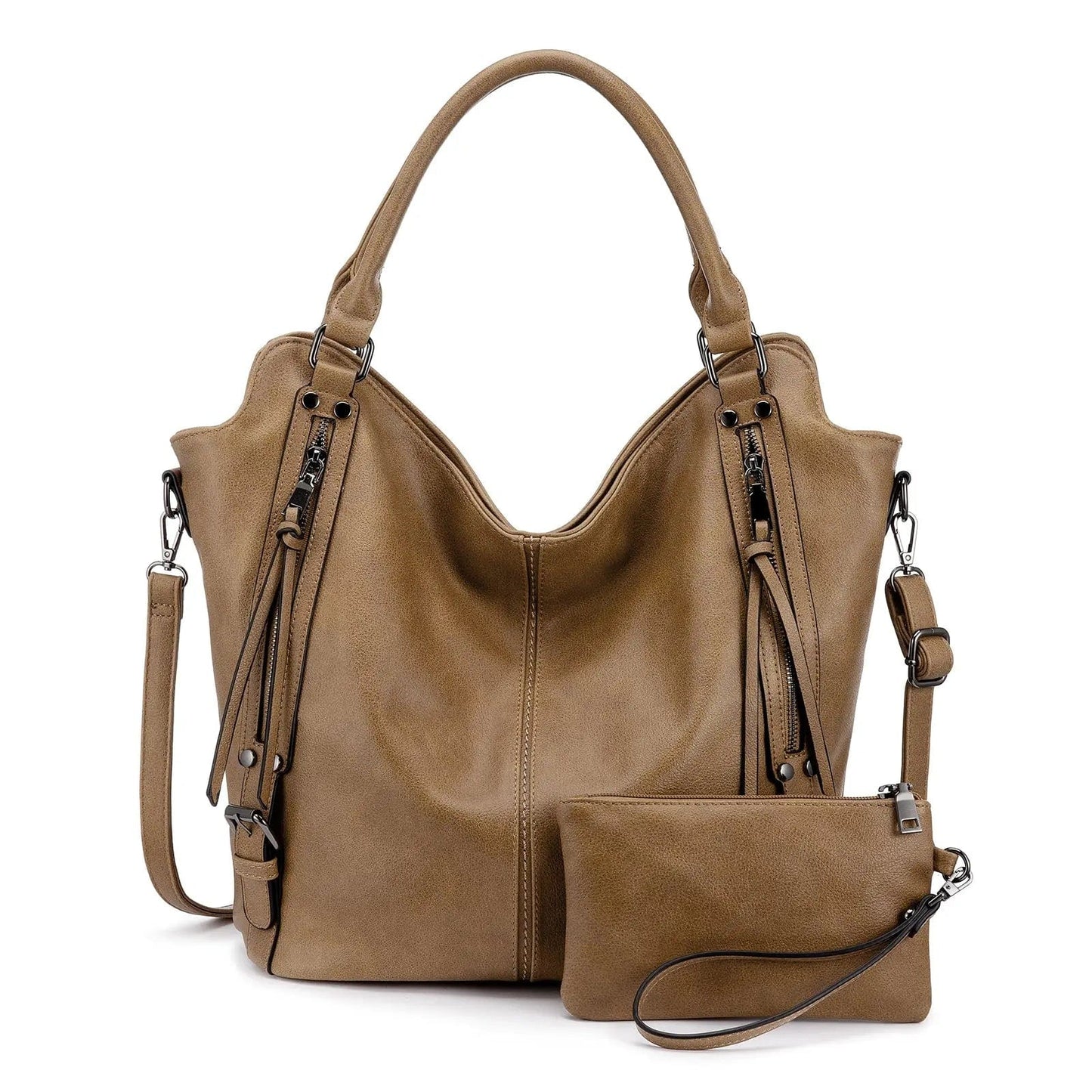 L:34*16.5*37cm (Fit 14"laptop) / Khaki-WB148426 REALER Vintage Women PU Leather Shoulder Bags Fashion Hobo Hand Bags Ladies Large Purse and Handbags Set Tote Bag for Women