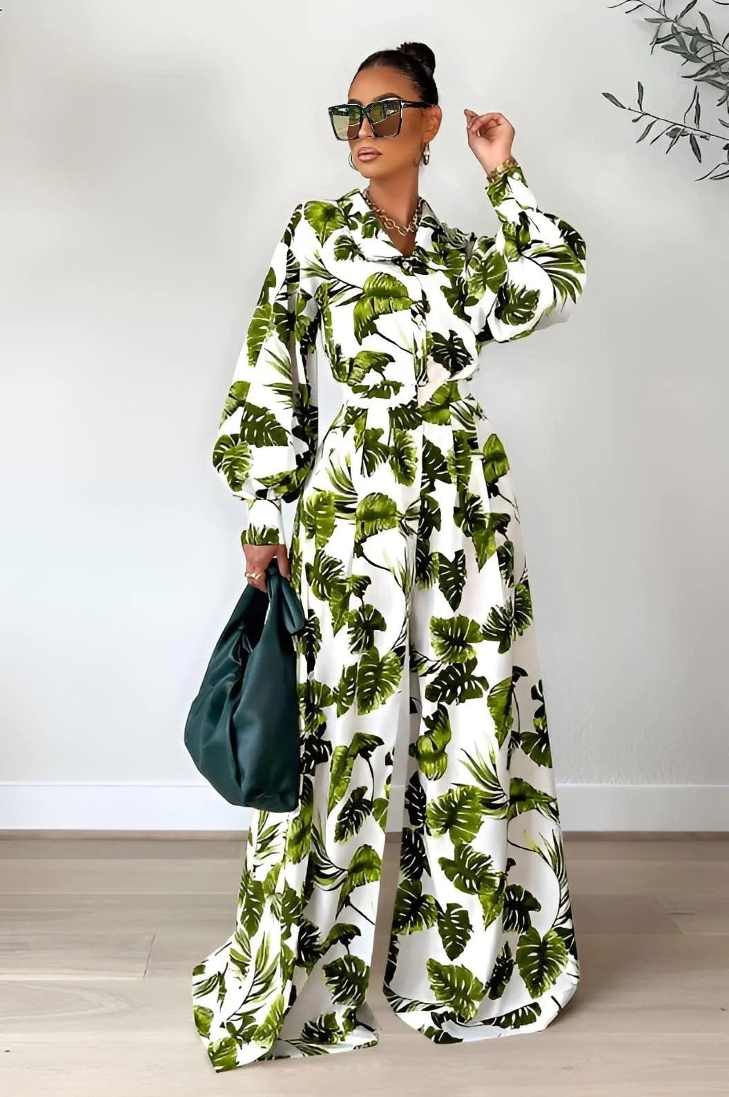 L / 5 Fall Custom Casual Printed Long Sleeve Shirts Blouse Tops Wide Leg Pants Women Two Piece Outfits Set