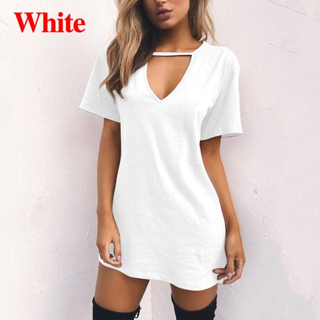 L / 5 Women Tshirt Dress Choker Deep V-Neck Summer Dresses Mini T-Shirt Short Sleeve Ladies Casual Sexy Clothing Dropshipping