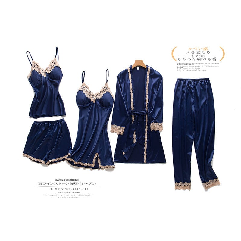 L / 6125Dark blue ladies New 5 Five Piece Pajamas Silk Pajamas Suspender Skirt Pajamas for Women Home Service sleepwear set