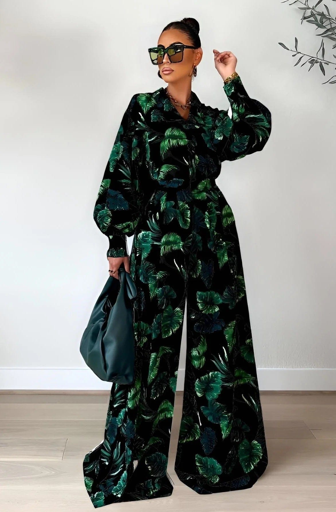 L / 7 Fall Custom Casual Printed Long Sleeve Shirts Blouse Tops Wide Leg Pants Women Two Piece Outfits Set