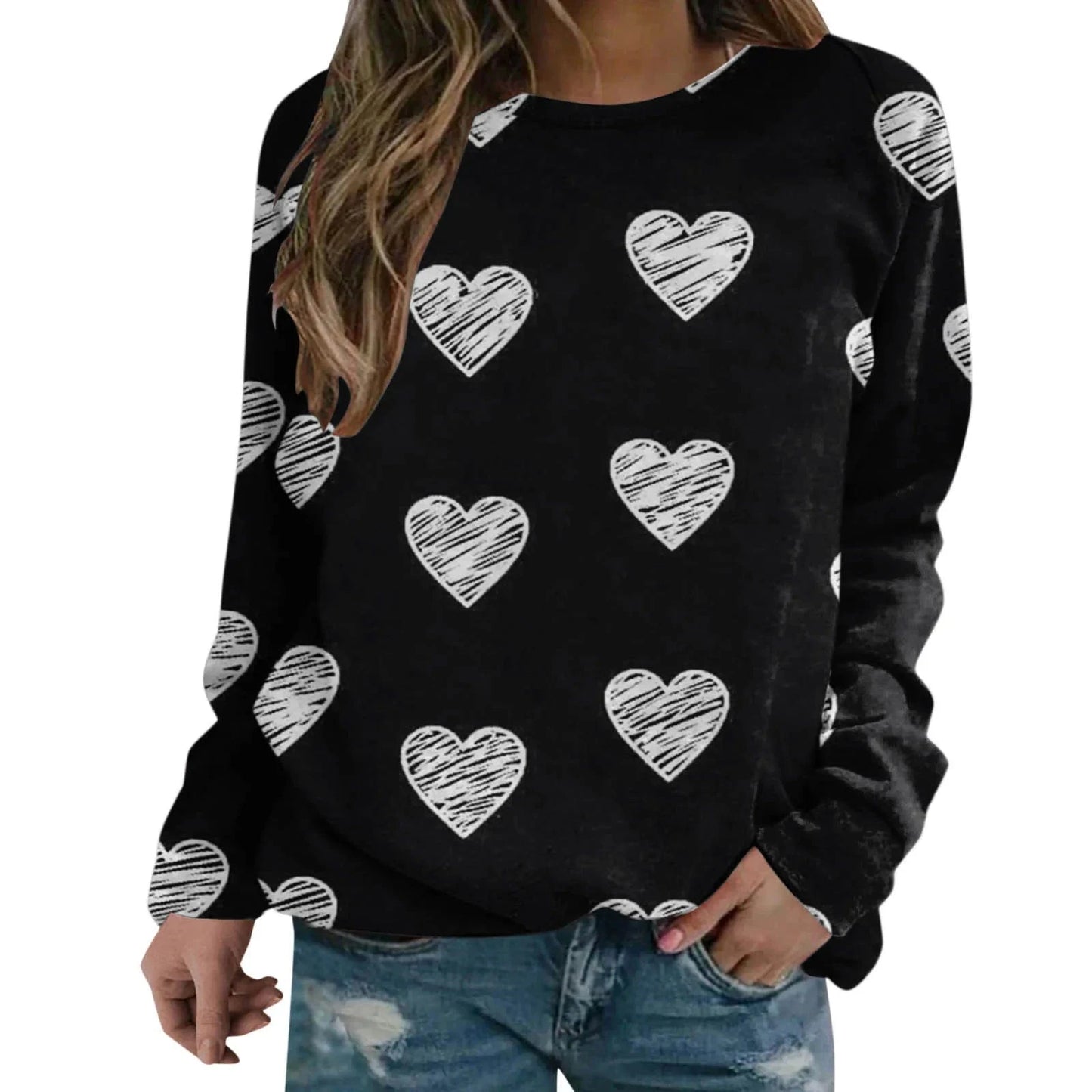 L / 9 High Quality Autumn Fashion Sweater Casual Round Neck 3D Printed Sweater Heart Love Sweet Versatile Women's Coat